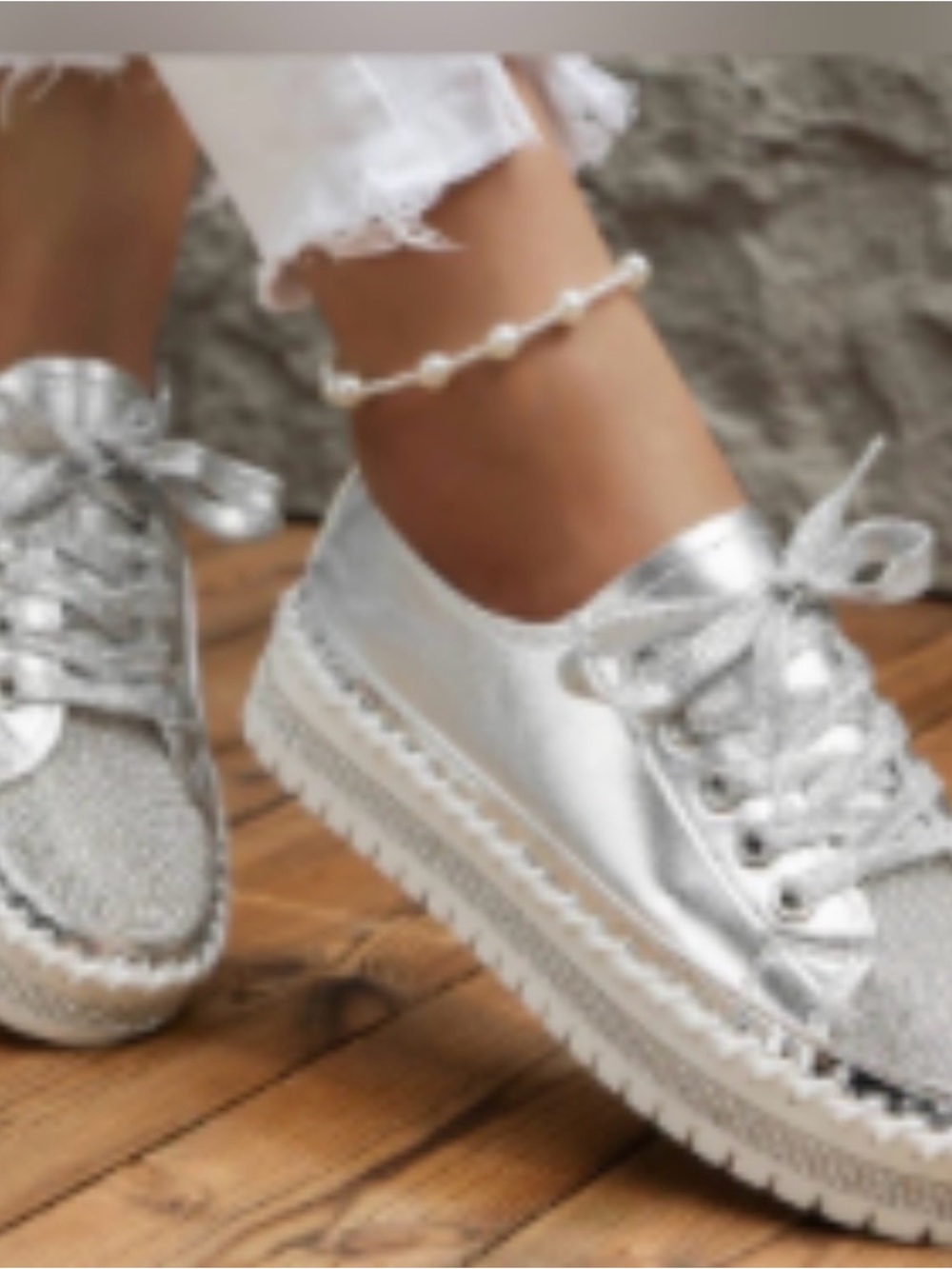 Sz 7.5-8. Platform Slip-on Sneakers, White Shoes Womens Diamond Encrusted silver